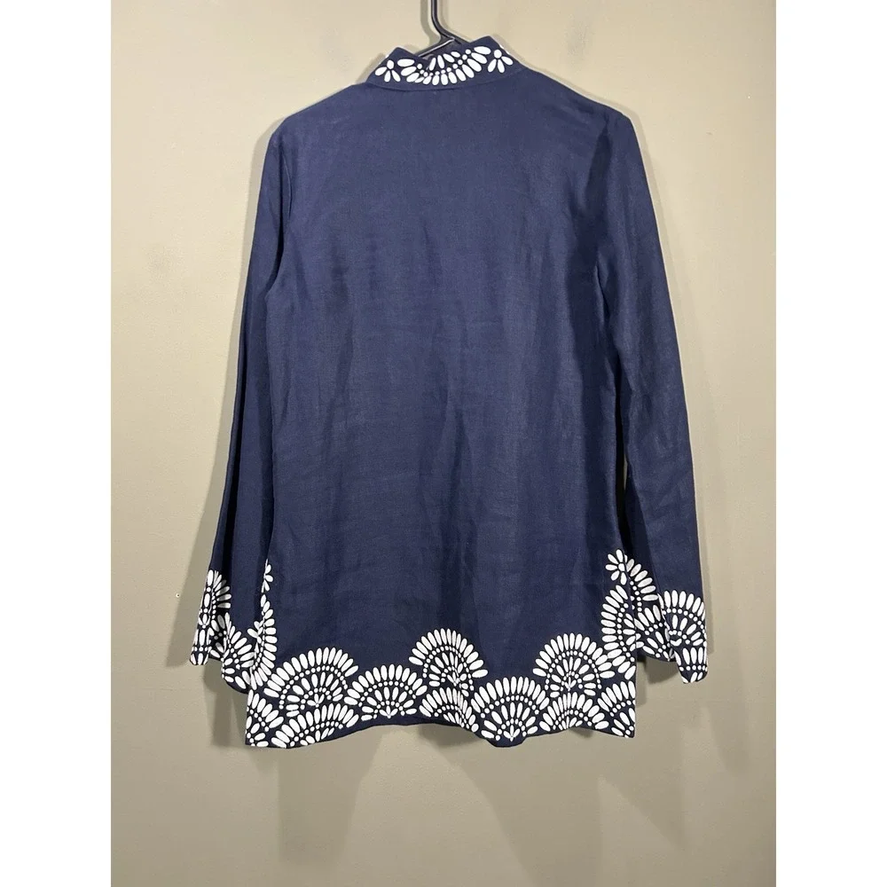 Tory Burch Women's Navy White Linen Tunic Top Sz 8 Boho Chic Preppy Coastal